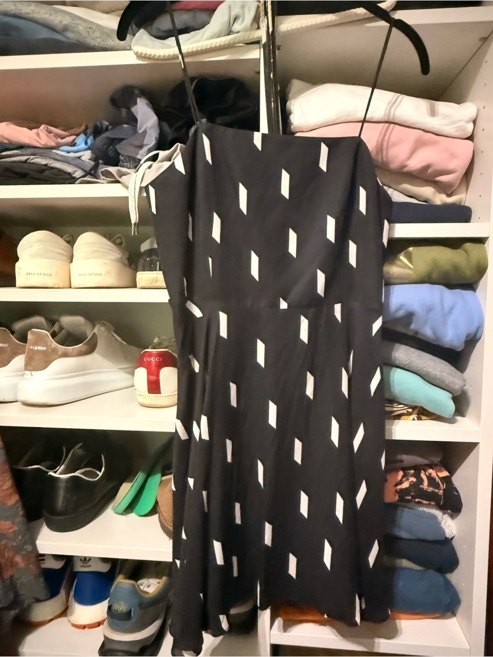 Alice + Olivia Black Midi Dress with White Geometric Blocks